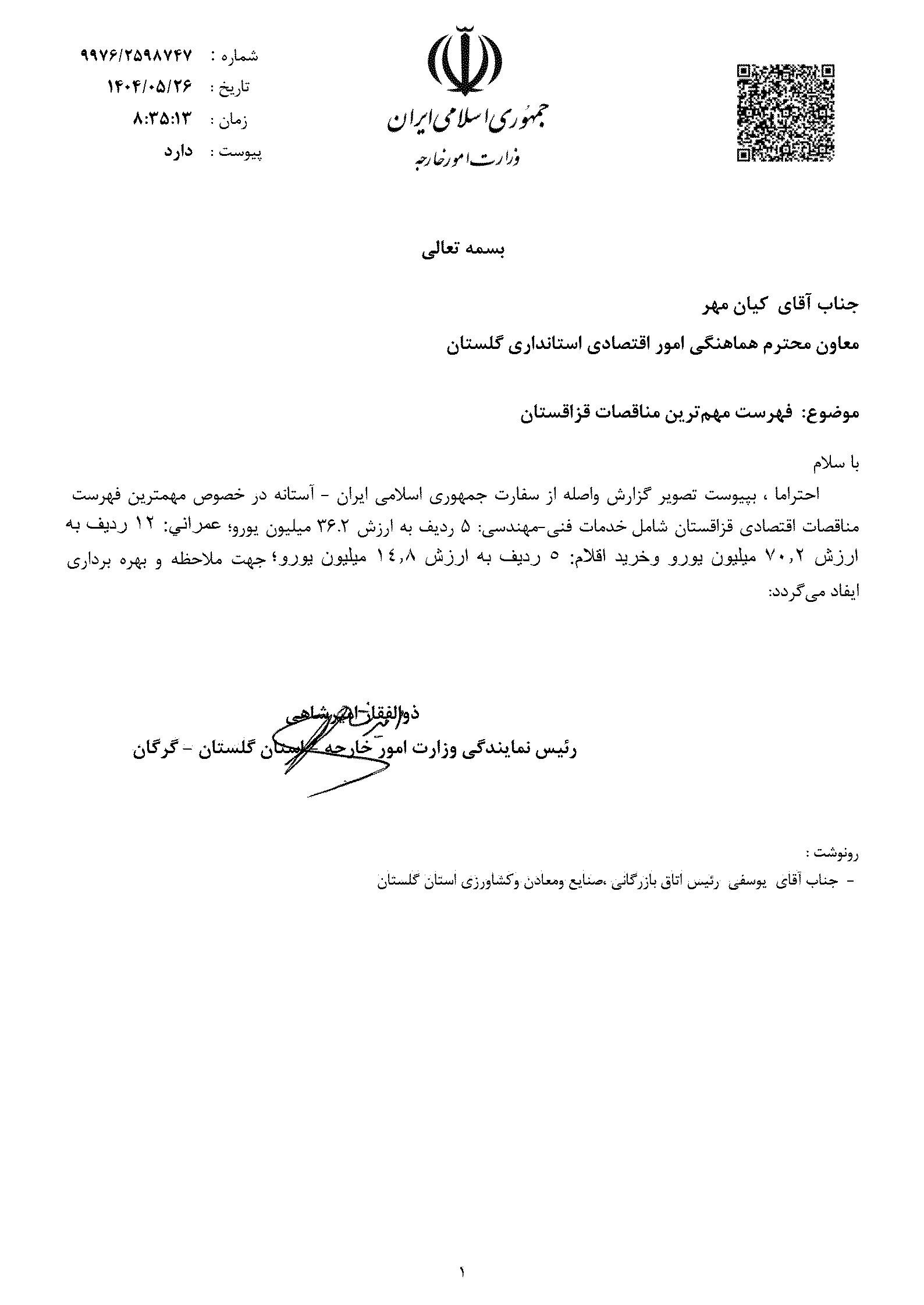 فهرست مهمترین مناقصات کشور قزاقستان